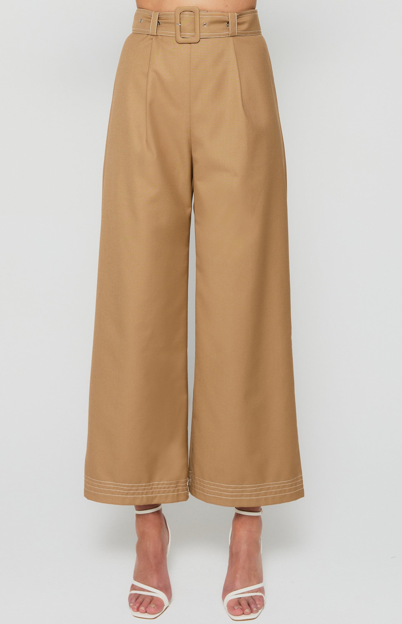 Camel Wide Leg Pants with Belt Buckle