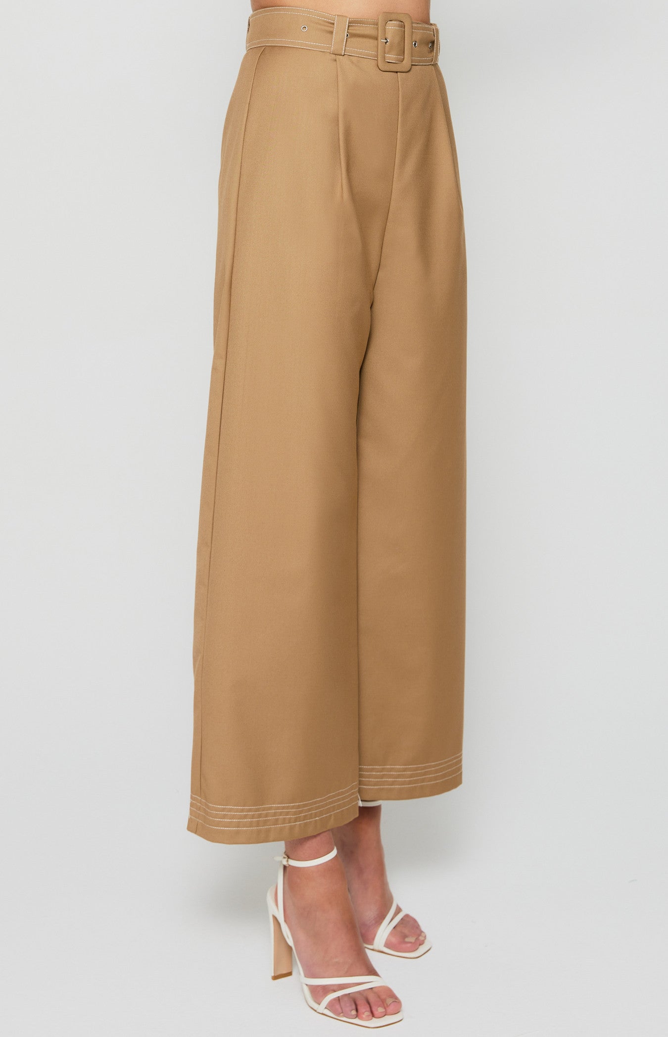 Camel Wide Leg Pants with Belt Buckle