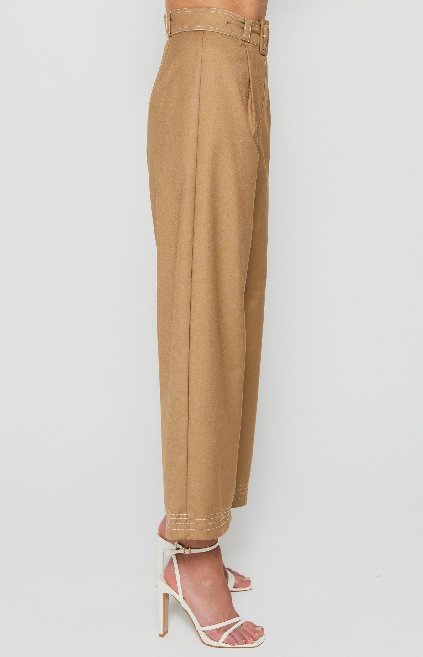Camel Wide Leg Pants with Belt Buckle