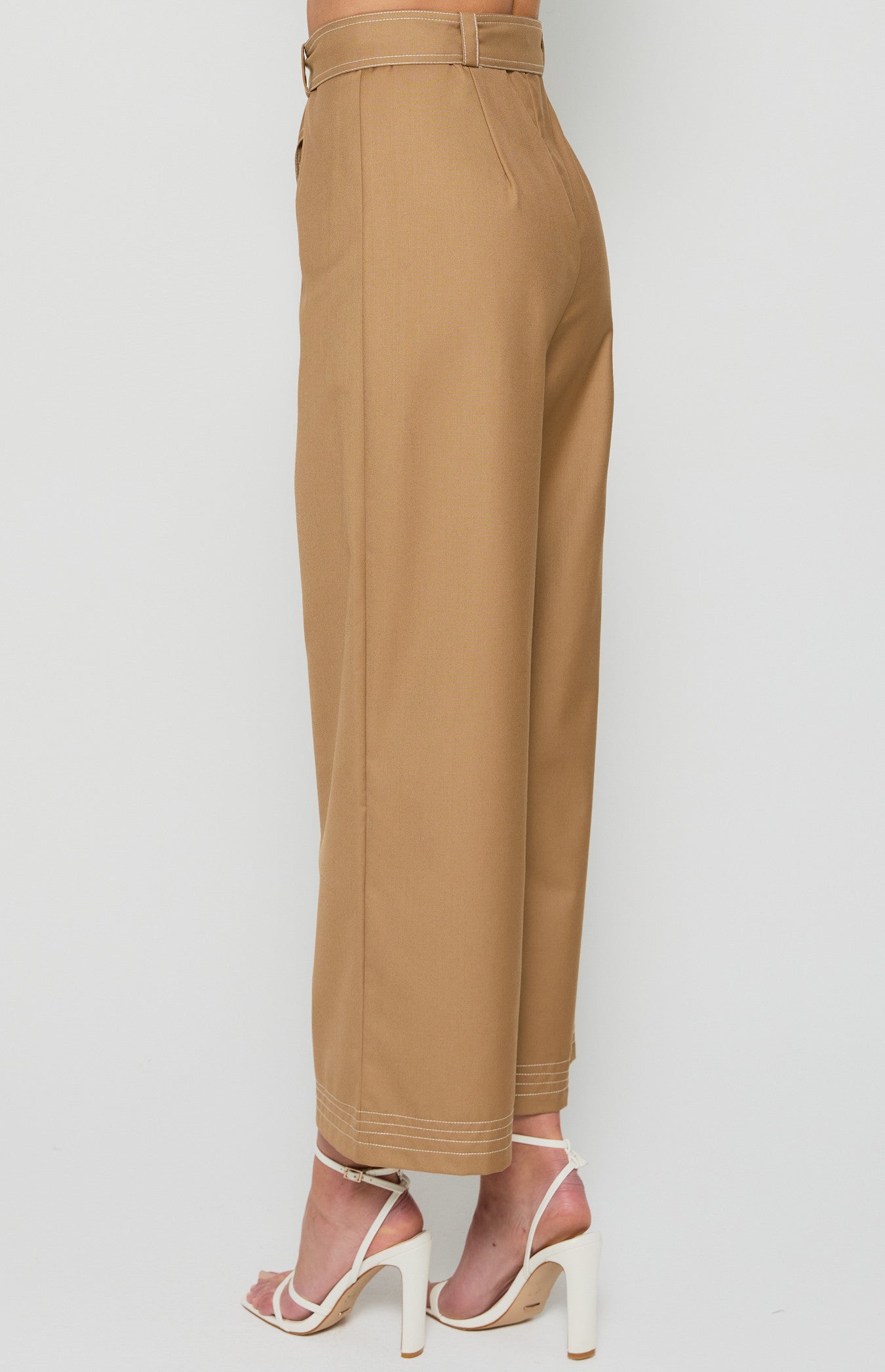 Camel Wide Leg Pants with Belt Buckle