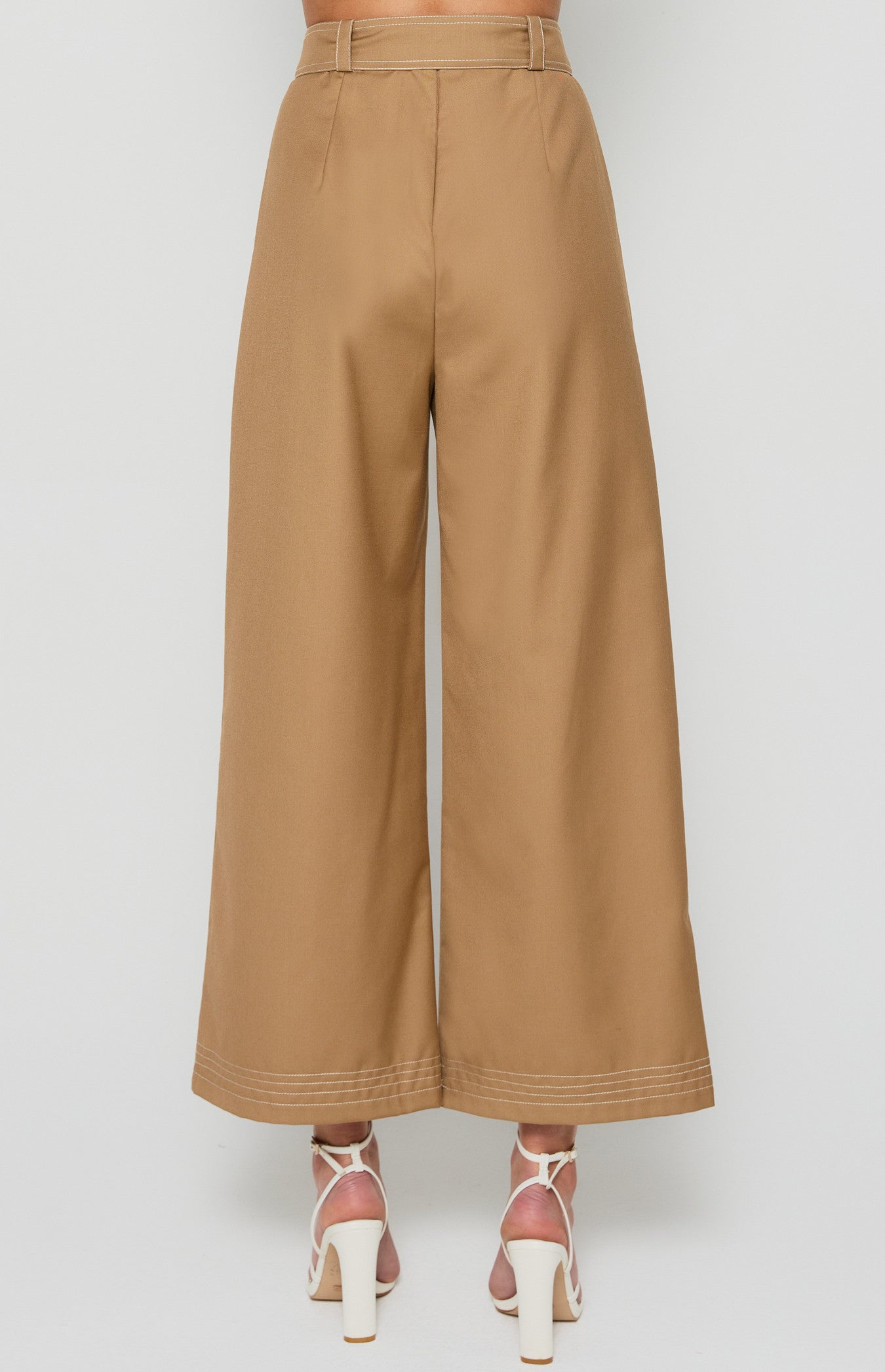 Camel Wide Leg Pants with Belt Buckle