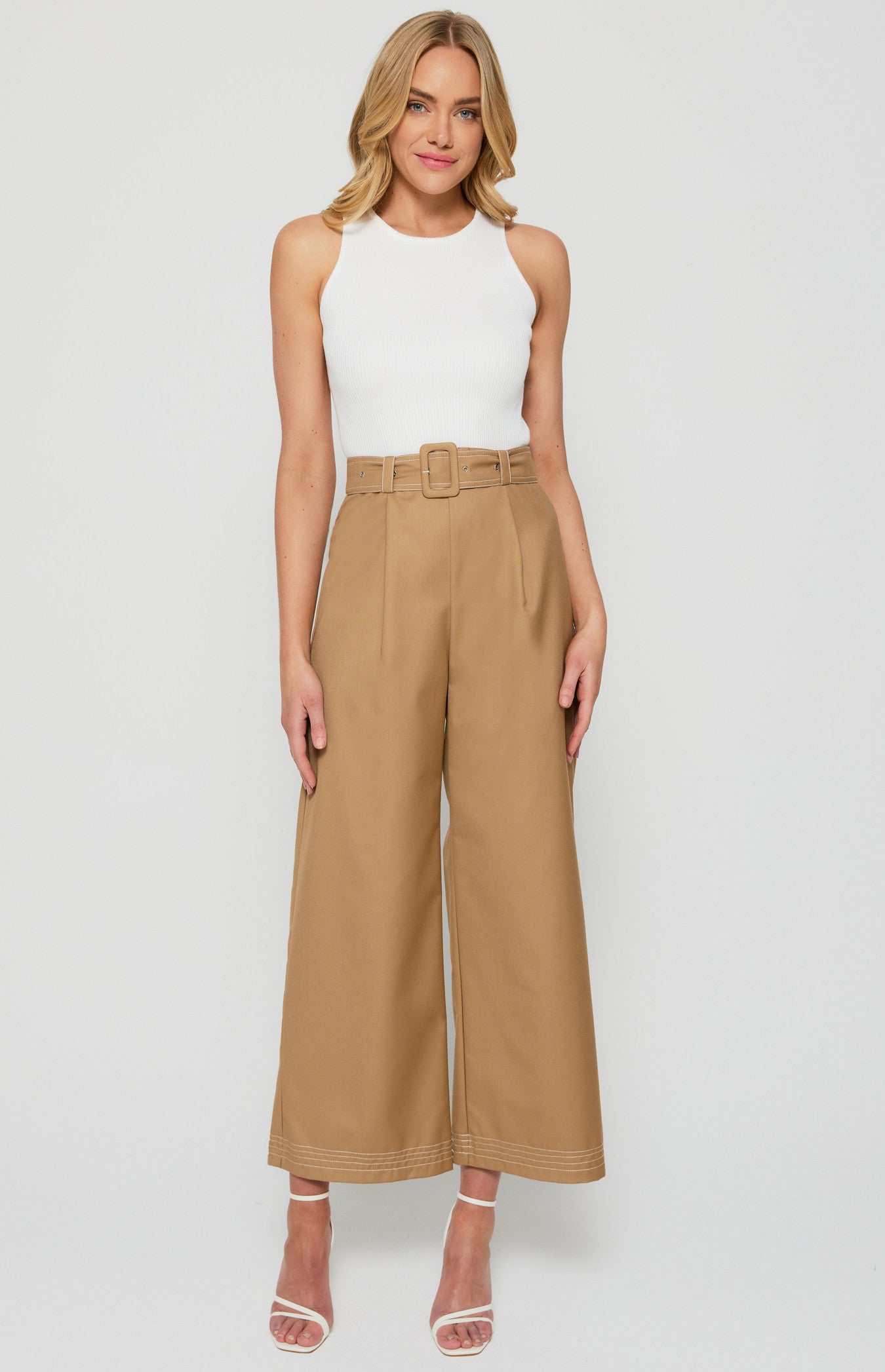 Camel Wide Leg Pants with Belt Buckle