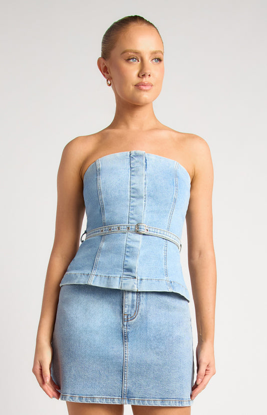 Azure Denim Top With Detachable Belt